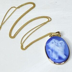 Vintage Blue Kitten cat Cameo Pendant Necklace 14K Gold 3.5g 16" JR1122